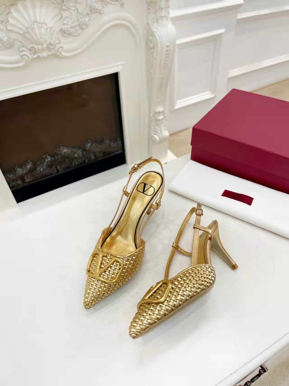 Valentino Garavani Vlogo Woven Leather Slingback Pumps Gold view 5