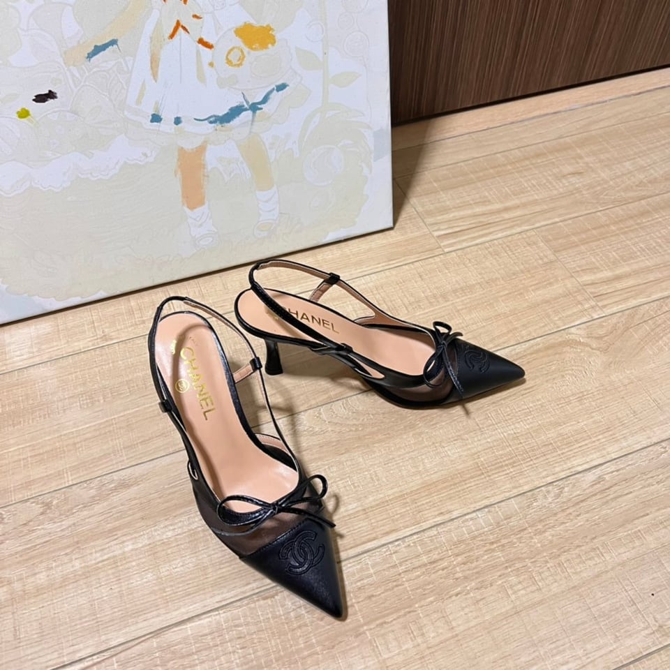 Chanel Cc Leather Pointy Toe Pumps Slingbacks Sandals Black view 10