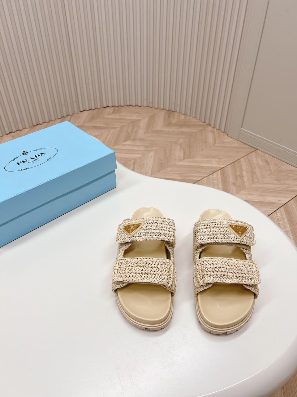 Prada Fussbett Raffia Dual Buckle Slide Sandals Beige view 10