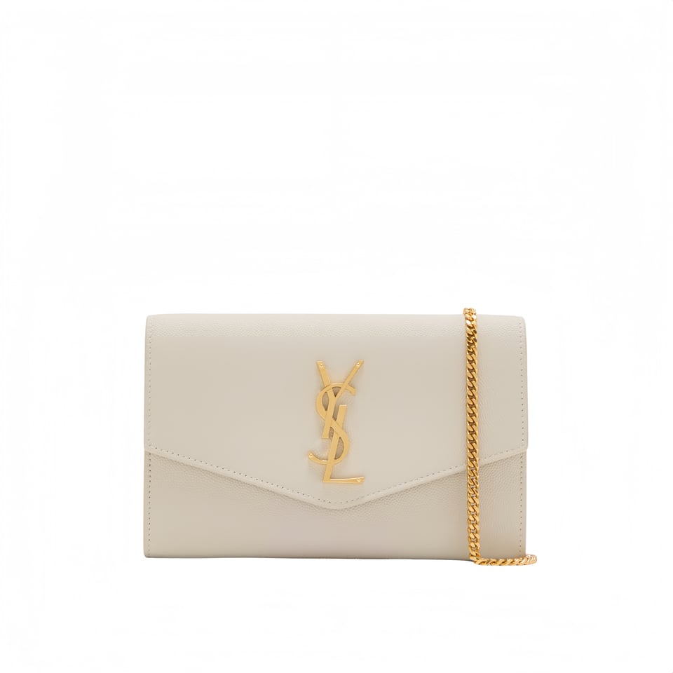 Saint Laurent Uptown Chain Wallet In Grain De Poudre Embossed Leather Blanc Vintage 19Cm