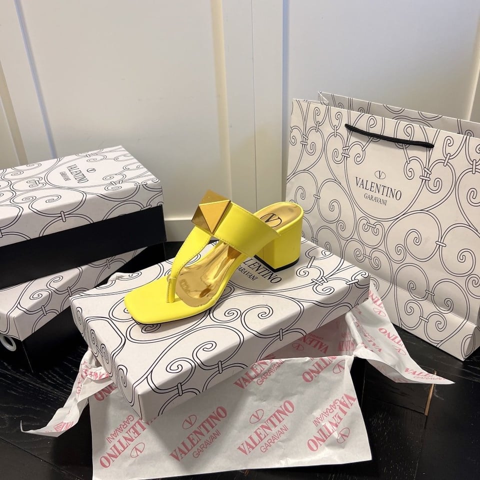 Valentino One Stud Metallic Nappa Flat Middle Heel Yellow Thong Sandal view 7