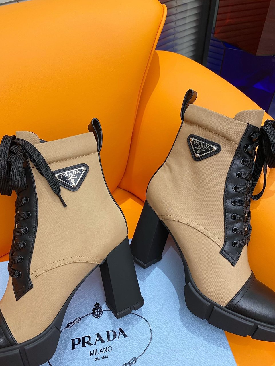 Prada Logo Plaque Ankle Boots Brown view 6