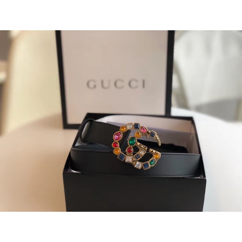 Gucci 30mm Leather Belt With Crystal Double G Buckle 513183 view 3