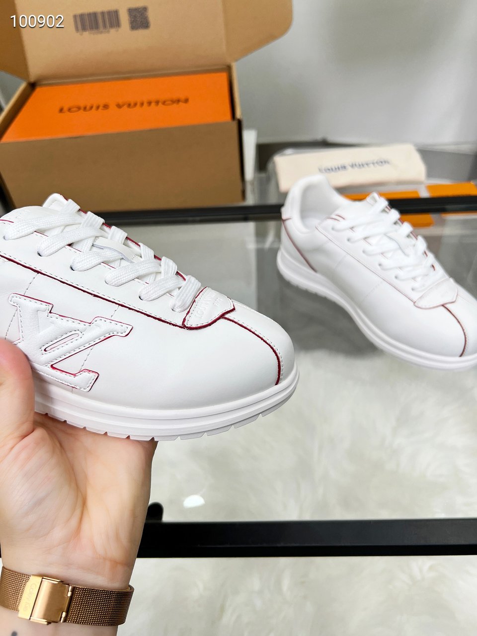 Louis Vuitton LV White Sneakers with Red Stitching – Women’s Shoes view 3
