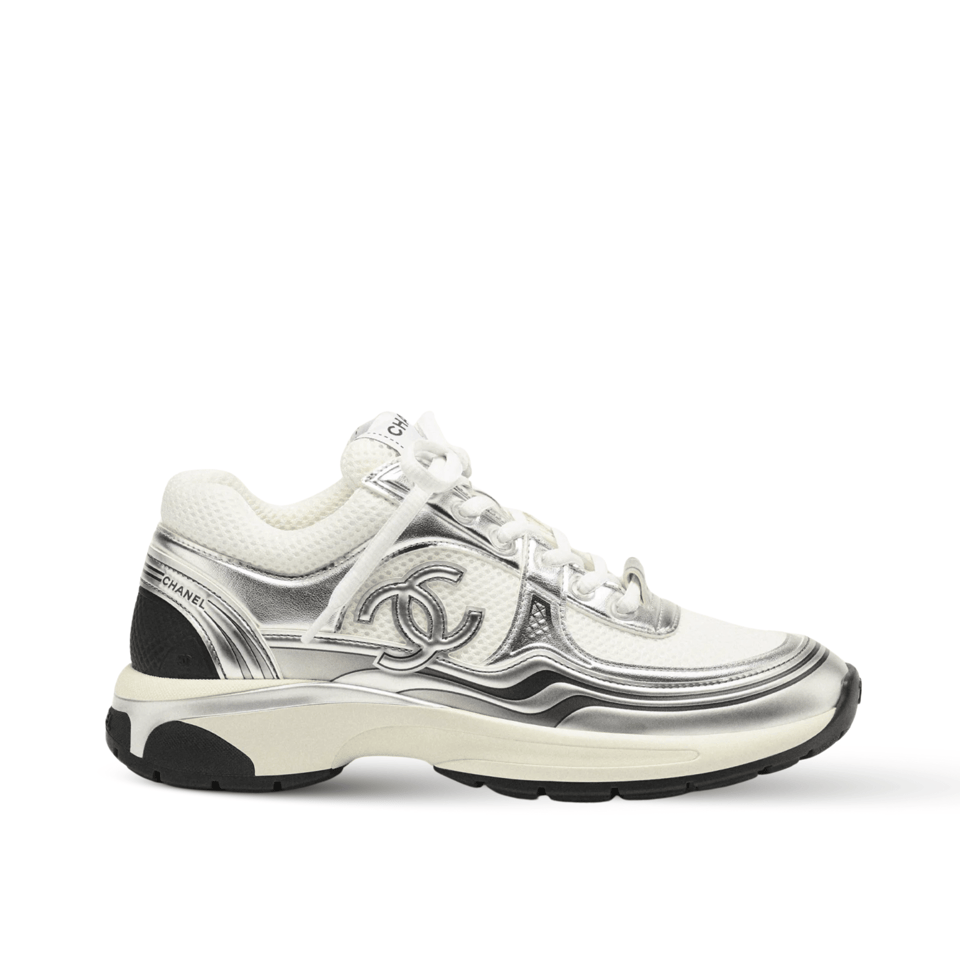 Chanel CC Logo Metallic Mesh Sneakers White/Silver view 2