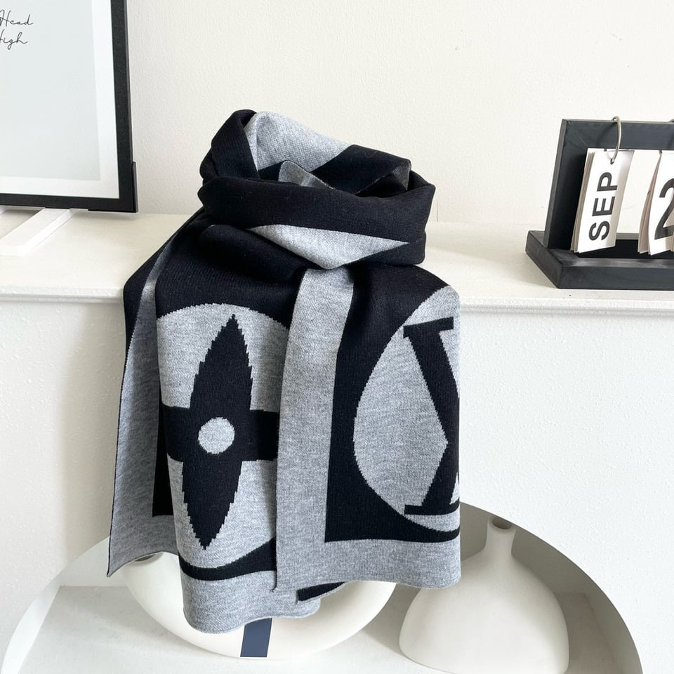Louis Vuitton Monogram Cashmere Jacquard Scarf Grey-Black For Women 180cm