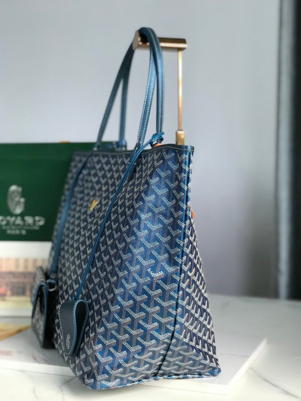 Goyard Saint Louis Gm Bag 40Cm Deep Blue Canvas Chevroches Calfskin view 4