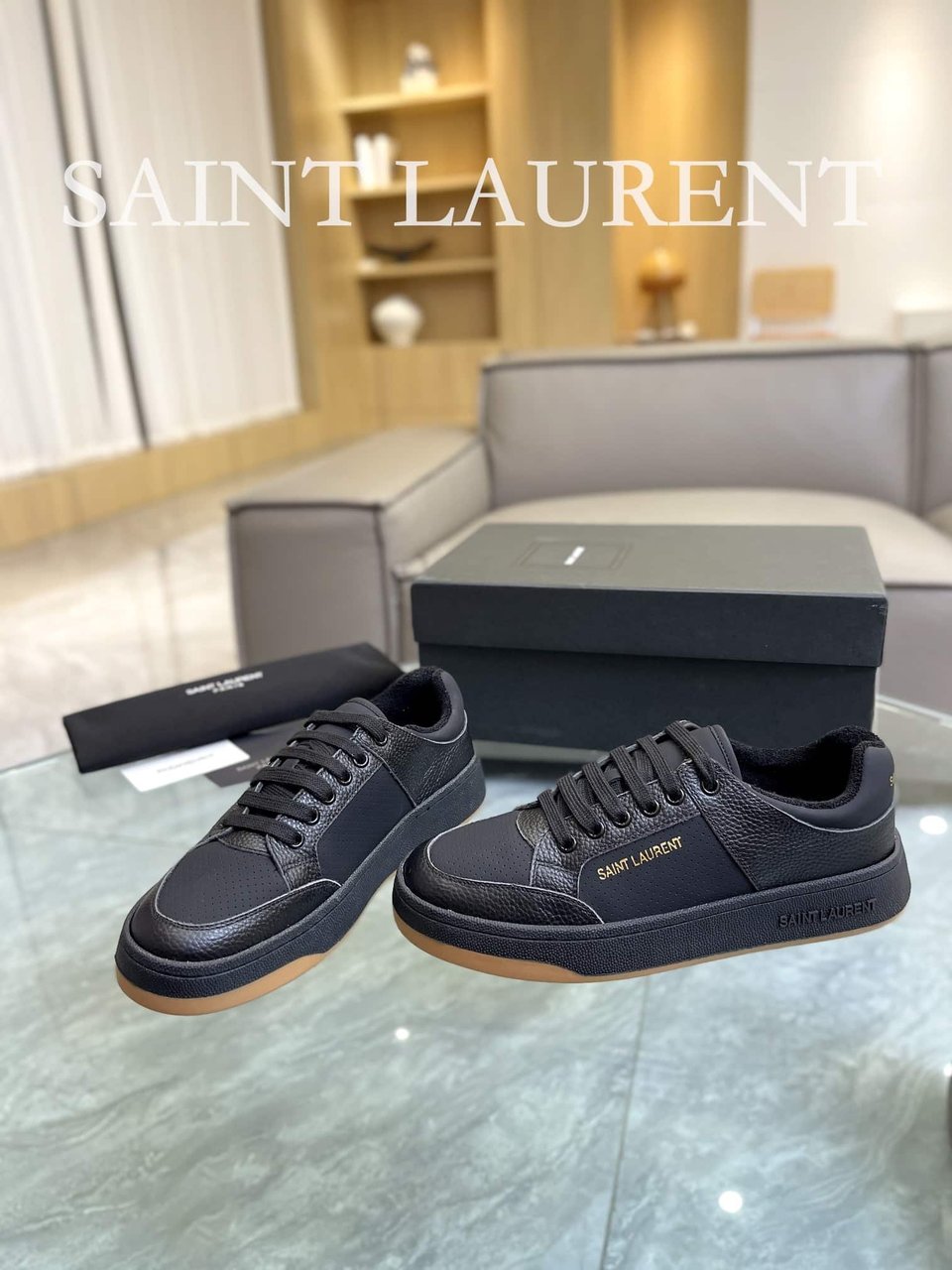 Saint Laurent Perforated Leather Sneakers Black view 3