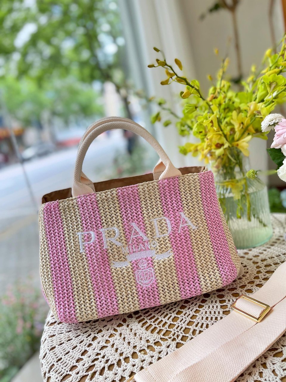 Prada Raffia Tote Bag Tan And Pink view 6