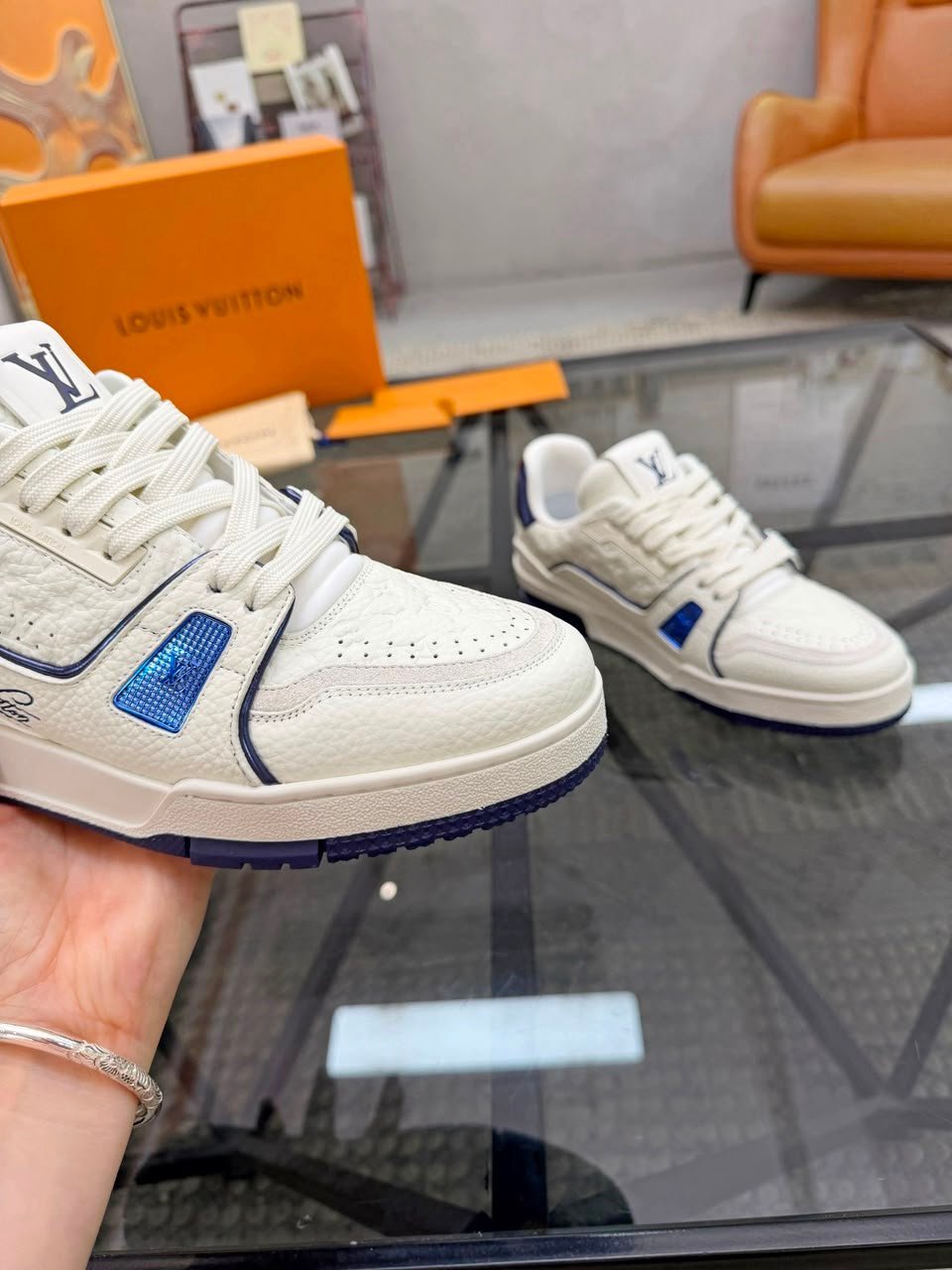 Louis Vuitton Trainer Sneaker Navy Blue Monogram-debossed Grained Calf Leather 1AKCLX view 7