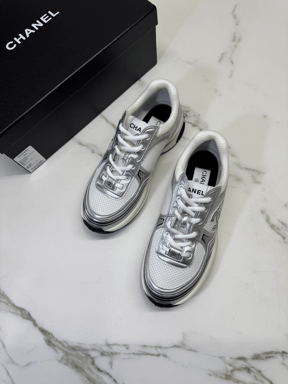 Chanel CC Logo Metallic Mesh Sneakers White/Silver view 6