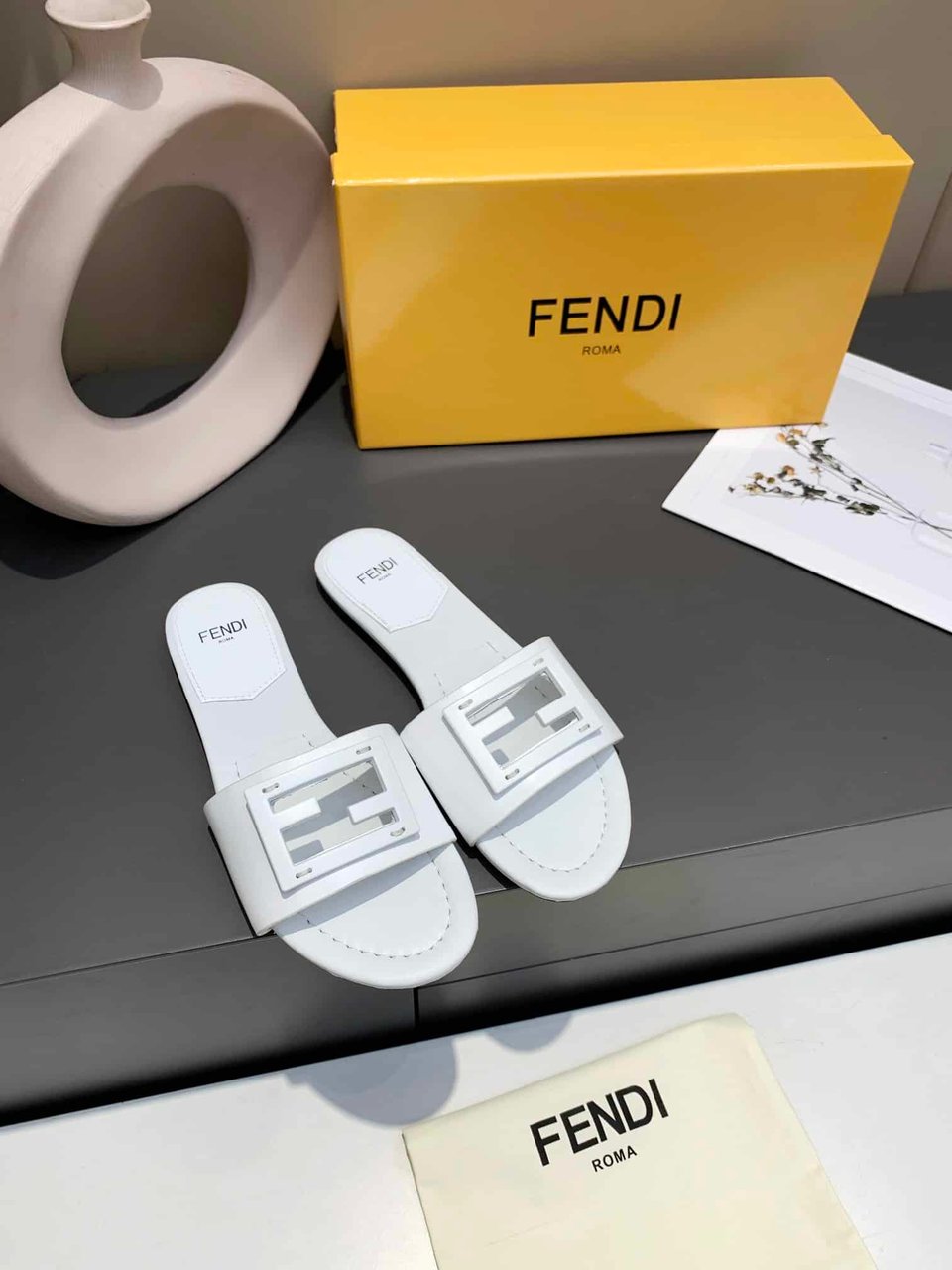 Fendi Signature Leather Sandals Slide White view 7