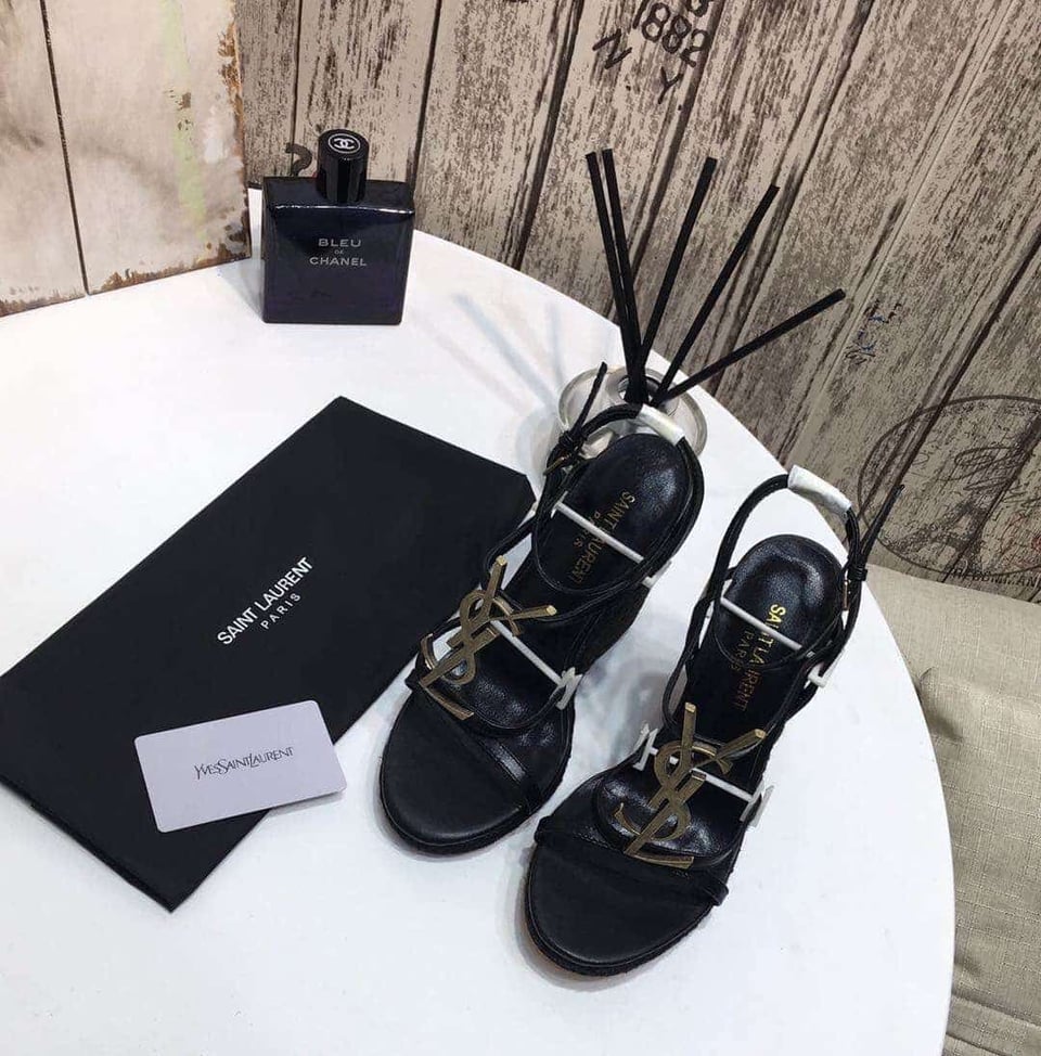 Saint Laurent Cassandra 115 Leather And Raffia Wedge Black Sandals view 3
