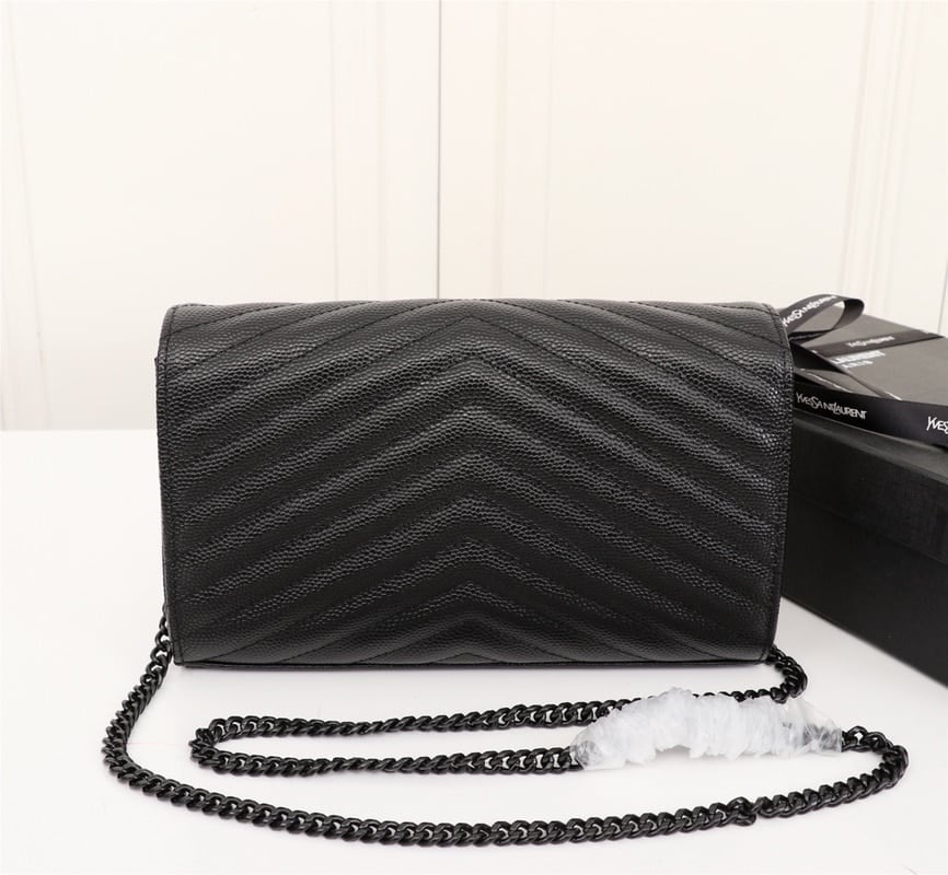 Saint Laurent Cassandre Matelasse Chain Wallet In Grain De Poudre Embossed Black Noir 22Cm view 3