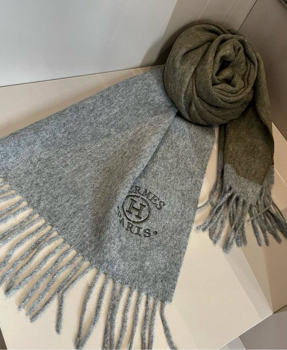 Hermes Cashmere Scarf Colorblock Brown Grey For Women 180cm view 2