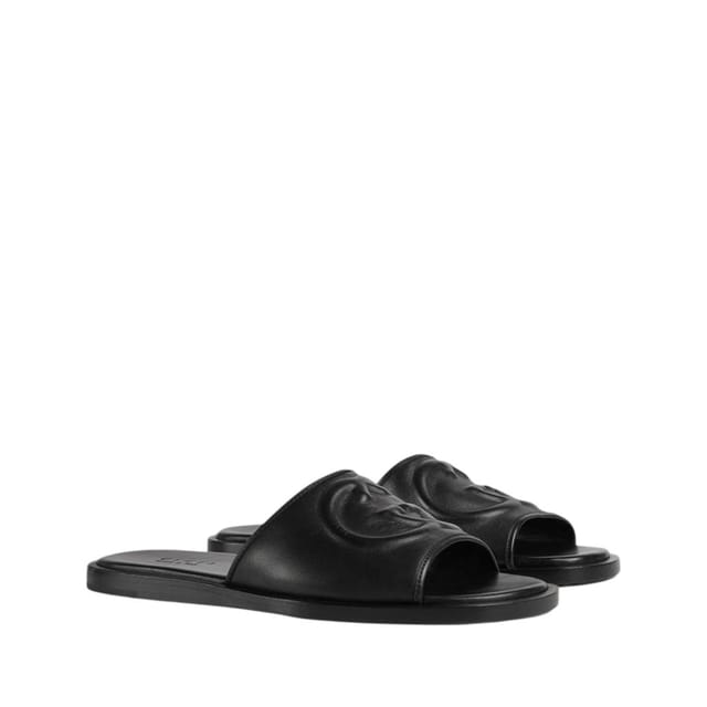 Gucci Slide Sandal With Double G Black Leather ‎874910 AAGT4 1000 For Women