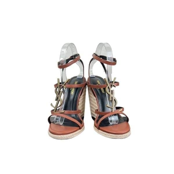 Saint Laurent Cassandra 115 Leather And Raffia Wedge Brown Sandals view 2
