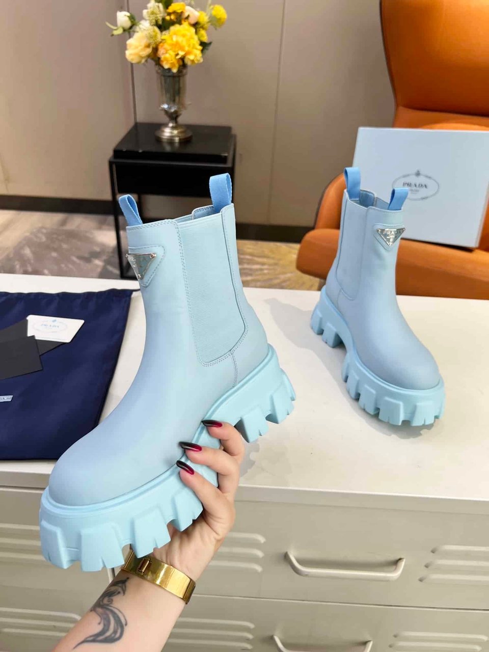 Prada Monolith Brushed Leather Booties Blue view 10