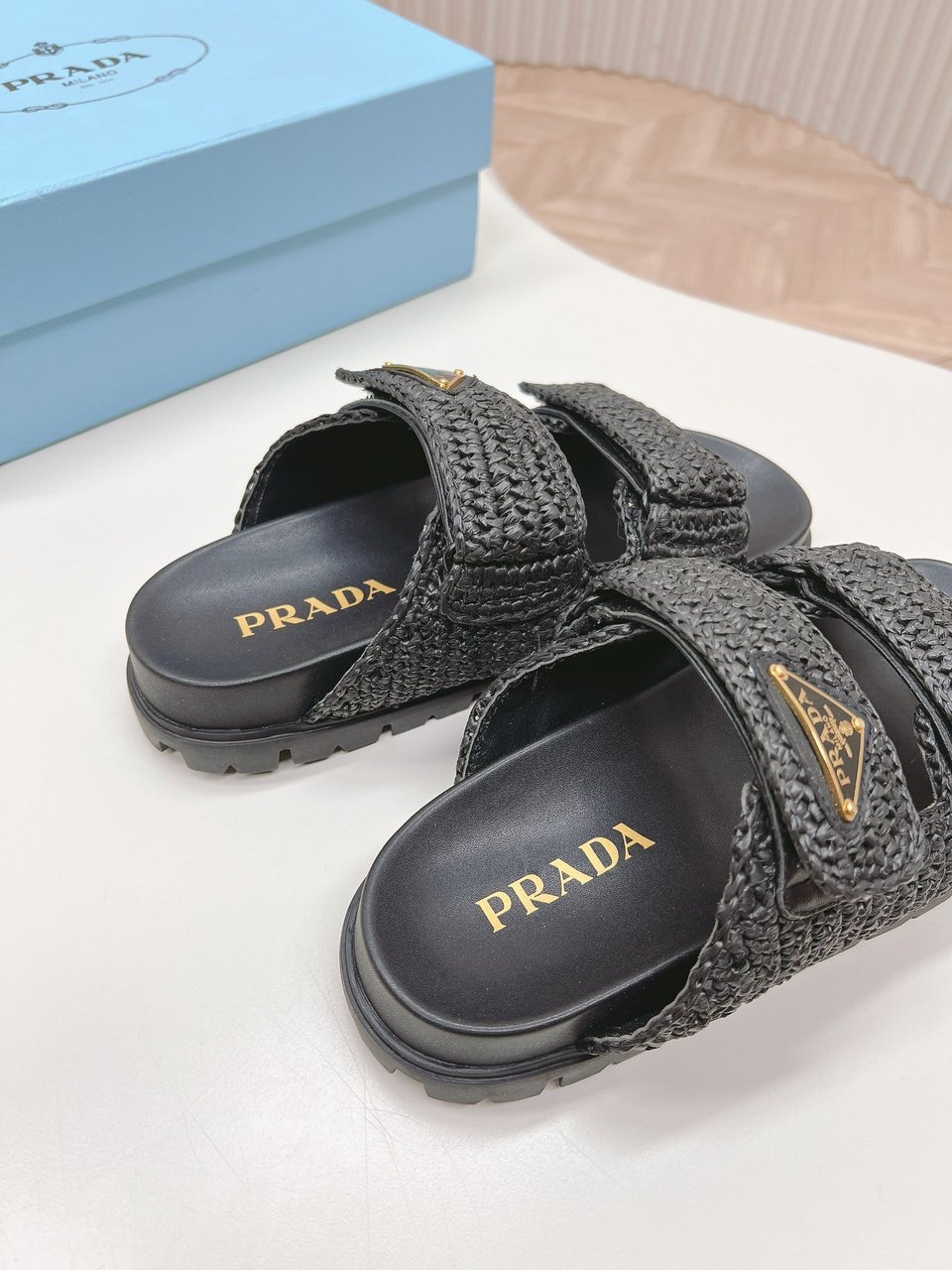 Prada Fussbett Raffia Dual Buckle Slide Sandals Black view 5