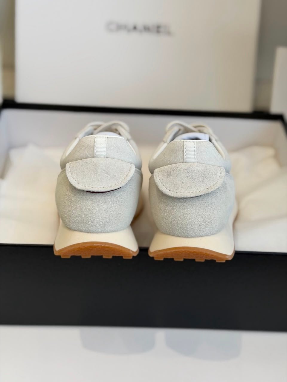 Chanel Mesh Suede Calfskin Sneakers with Black CC Logo Light Grey White &amp; Black G38290 view 9