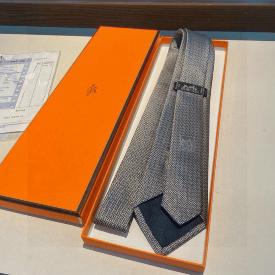 Hermes Light Gray Interlocking Pattern Canvas Tie For Men view 7