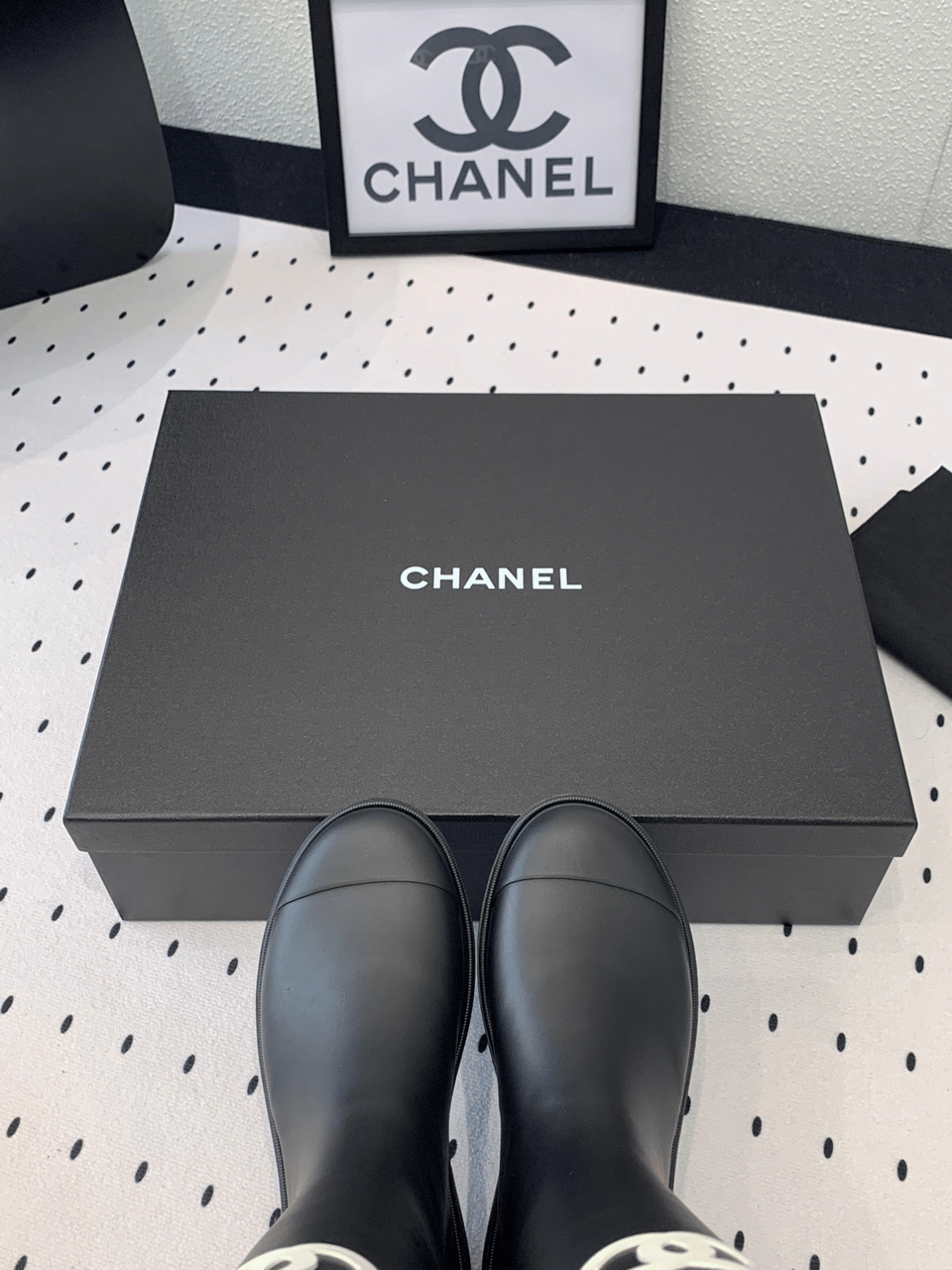 Chanel CC Logo Rain Boots Black Rubber Heel 47cm view 4
