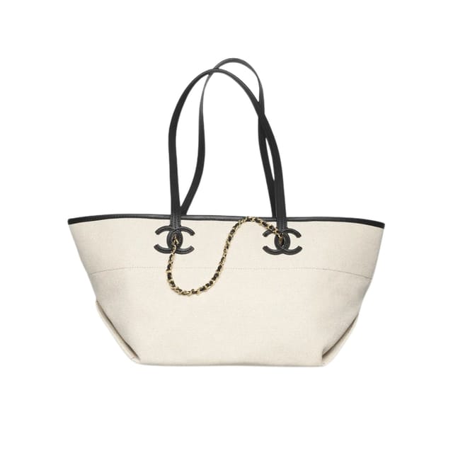Chanel Small Tote Canvas, Calfskin &amp; Gold-Tone Metal 45cm/17.7in Ecru &amp; Black AS6285