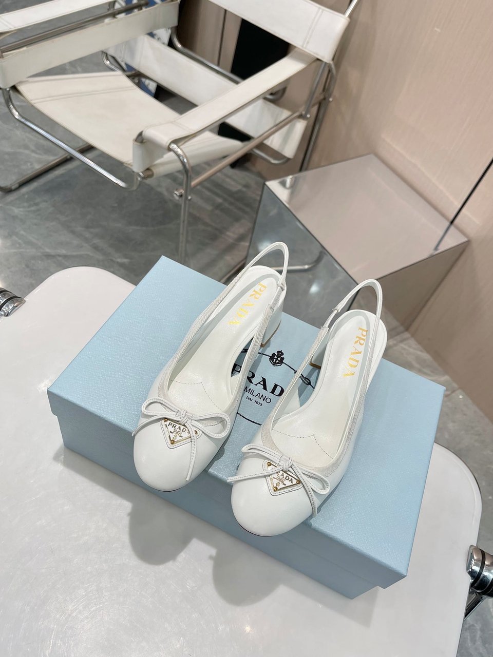 Prada Triangle Logo Bow Slingback Pump In White view 4