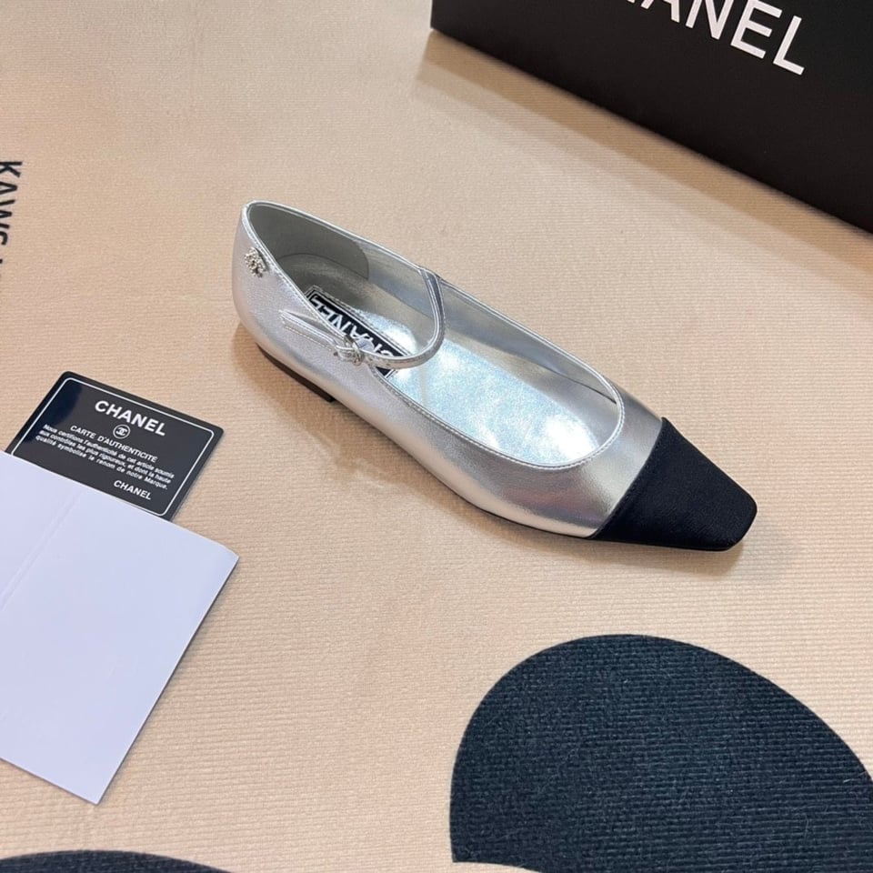 Chanel Square Toe Ballet Flats Black Silver view 8