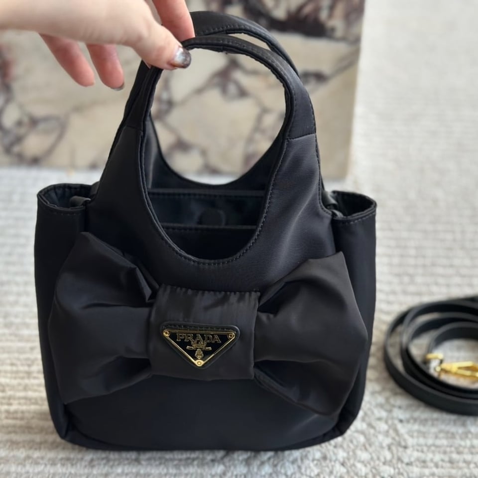 Prada Re Nylon And Nappa Leather Mini Bag With Bow Black 20Cm view 3