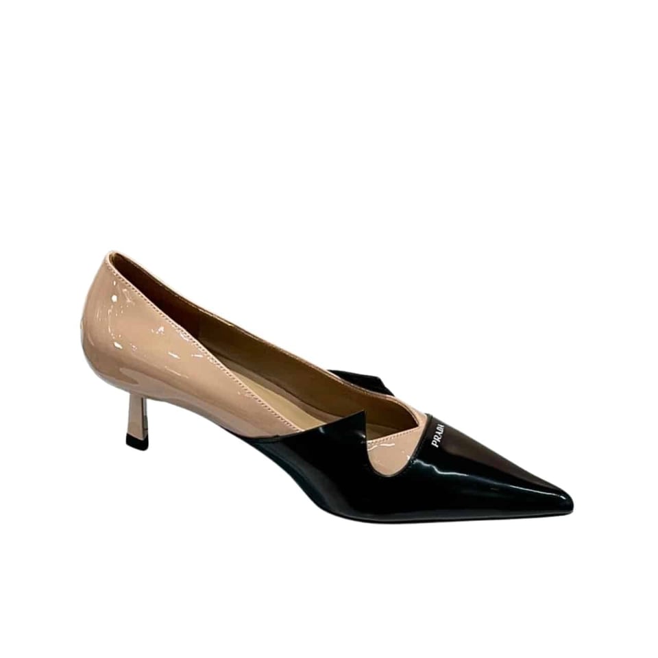 Prada Two Tone Toe Kitten Heels In Black And Beige view 2
