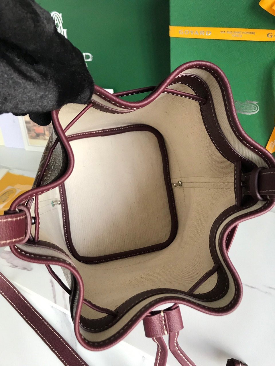 Goyard Petit Flot Bucket Bag 22 Cm Wine Red Goyardine Canvas And Lambskin Trim view 3