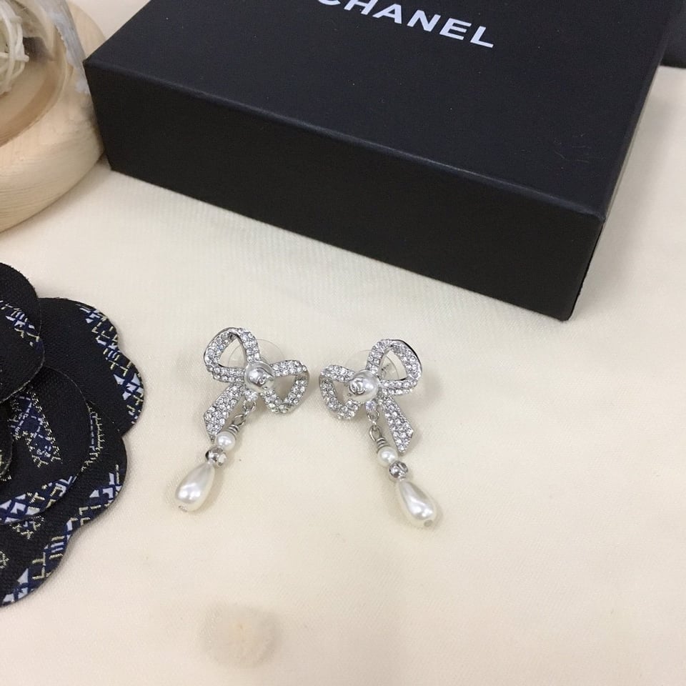 Chanel Bow Silver Pearl Earrings view 2