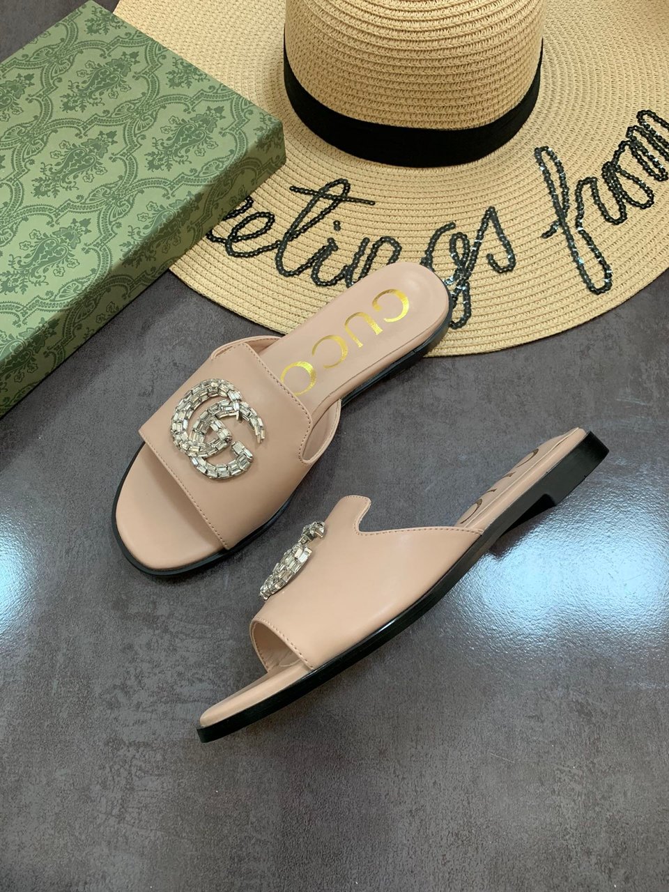 Gucci Double G Slippers Leather Beaded In Beige view 5