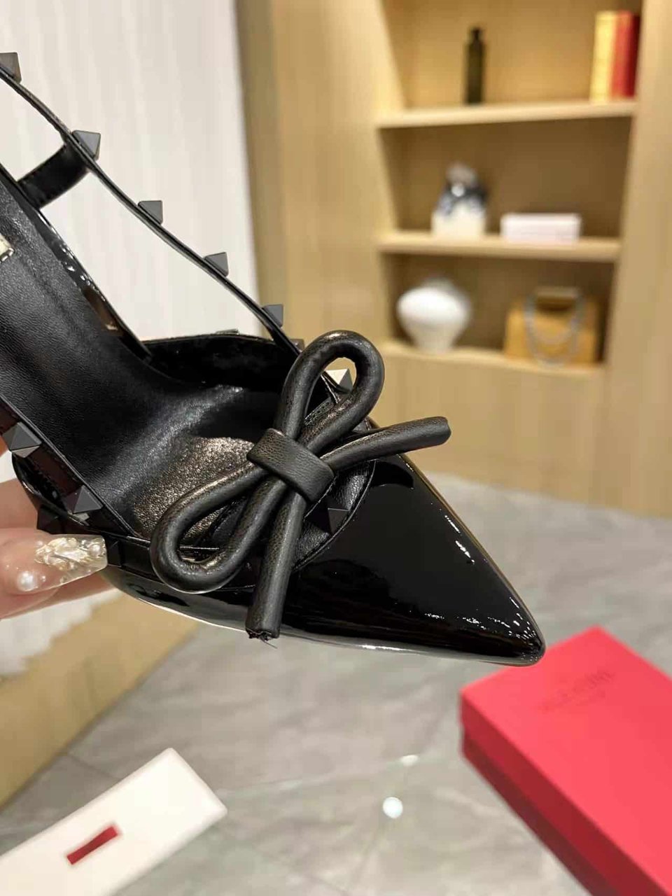 Valentino Rockstud Bow 100 Patent Slingback Pump Black view 9
