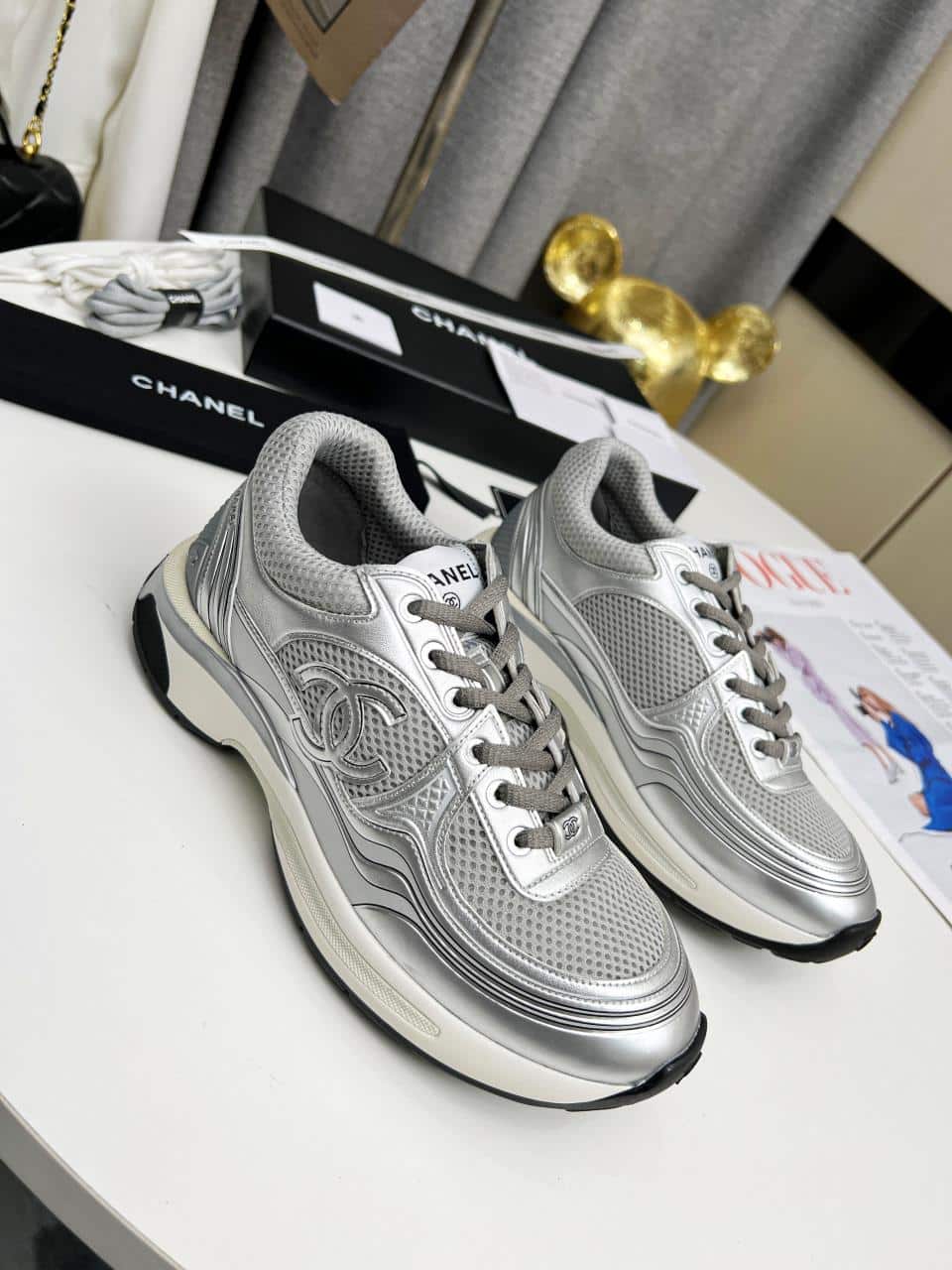 Chanel 23C Silver Metallic Cc Logo Lace Up Flat Runner Trainer Sneaker Gray view 9