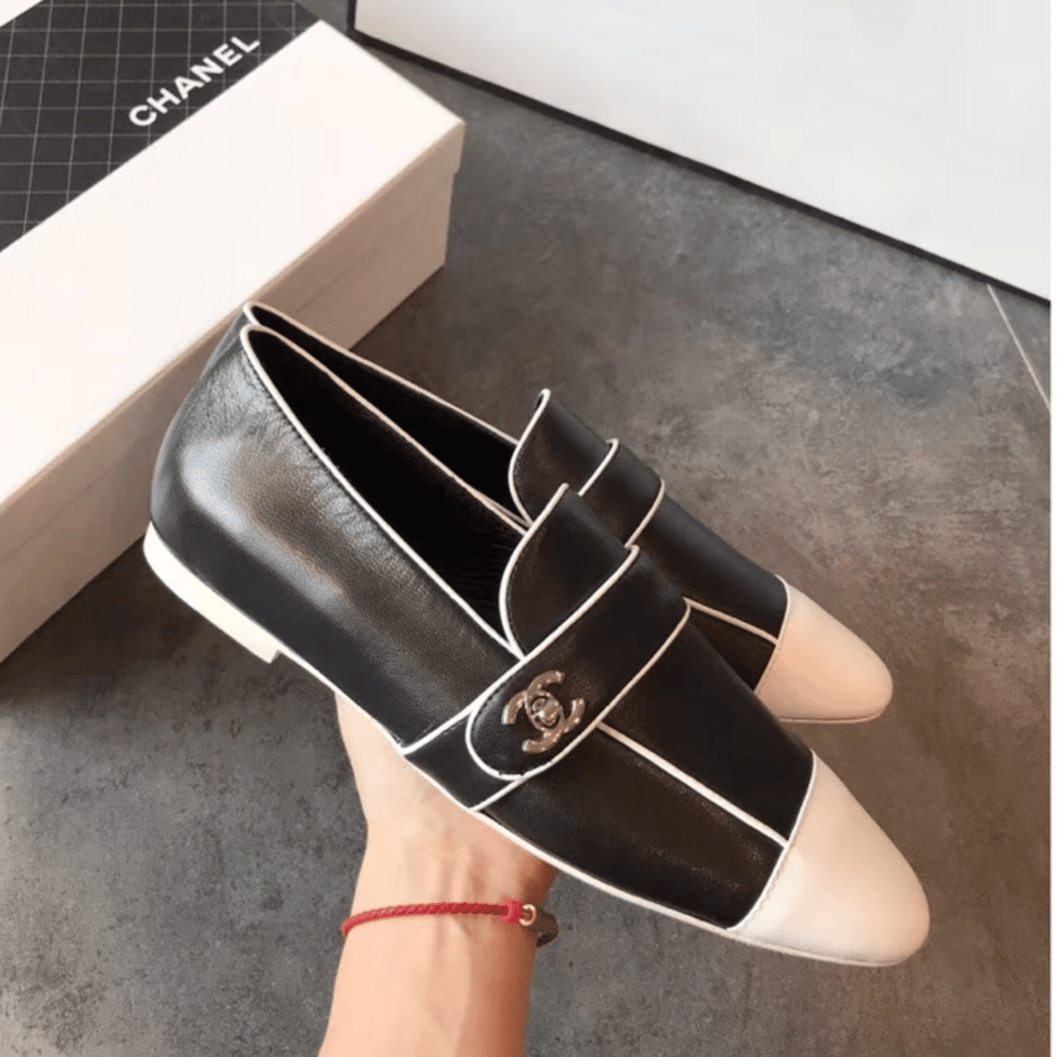Chanel Leather Cc Cap Toe Slip On Loafers Black view 6