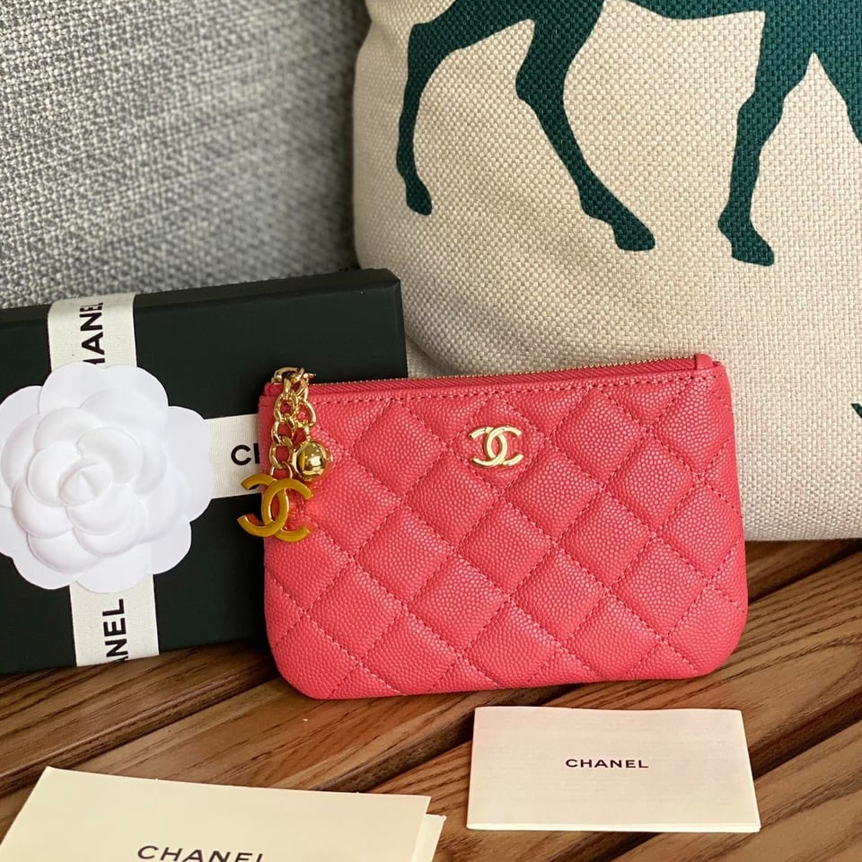 Chanel Zipped Wallet 14Cm Light Red Caviar Gold Hardware