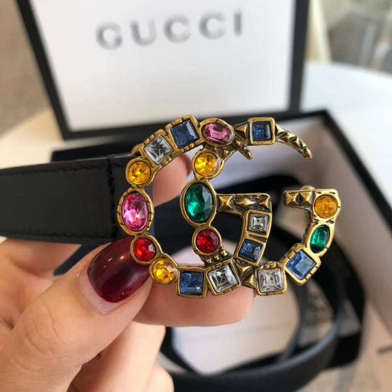 Gucci 20mm Leather Belt With Crystal Double G Buckle 513183 view 6