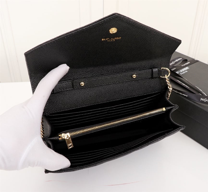 Saint Laurent Cassandre Matelasse Chain Wallet In Grain De Poudre Embossed Black Gold 22Cm 377828 Bow01 1000 view 7