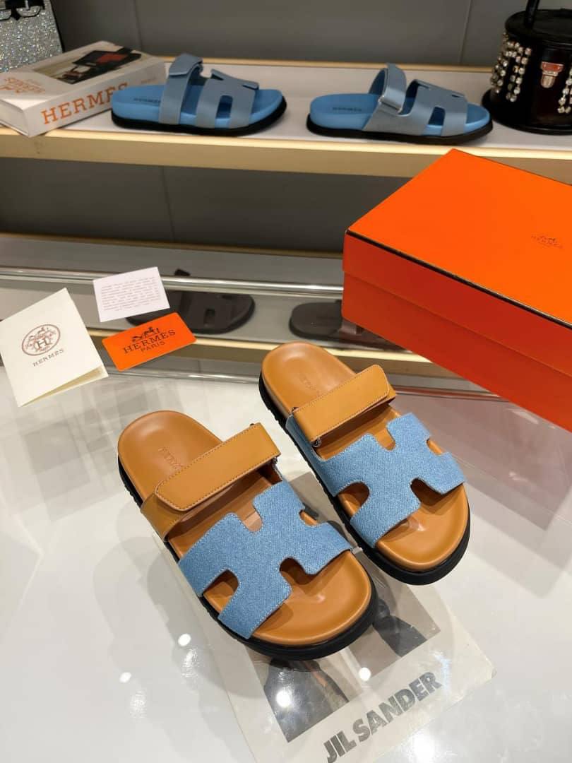 Hermes Chypre Flat Sandals Denim Brown view 4