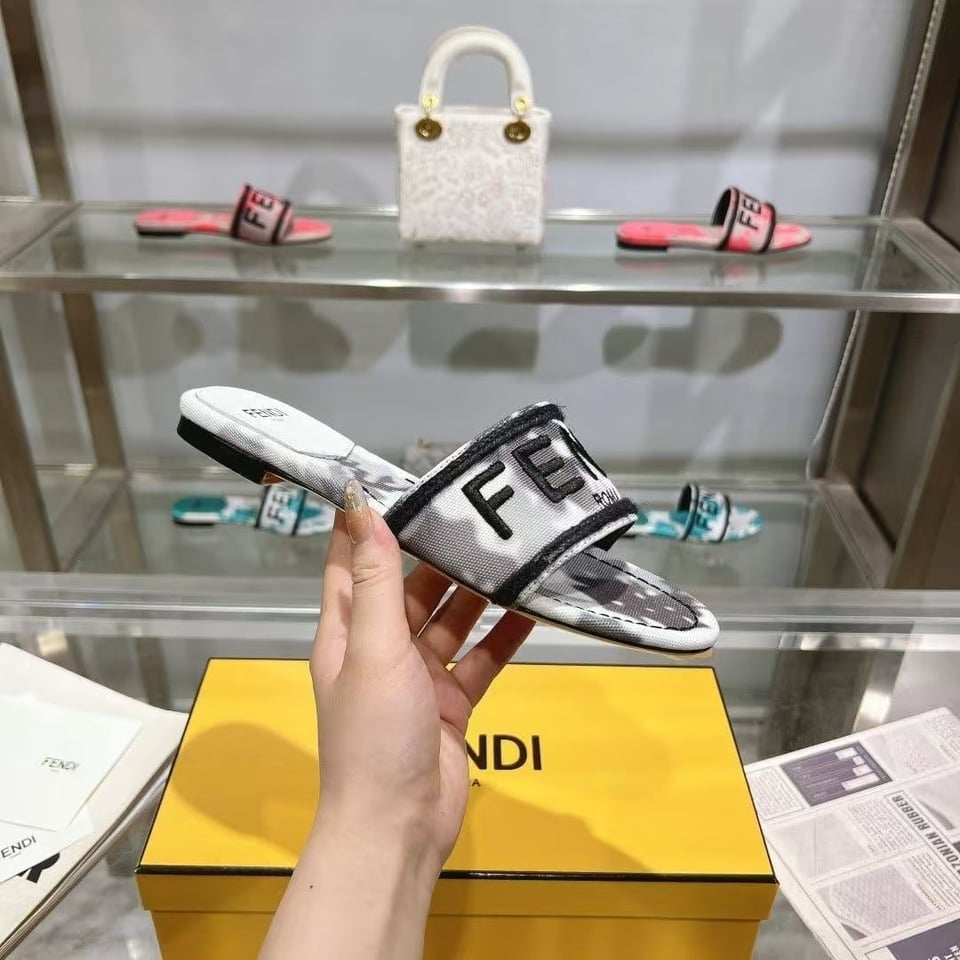Fendi Logo-Embroidered Mule Slides Light Grey view 3