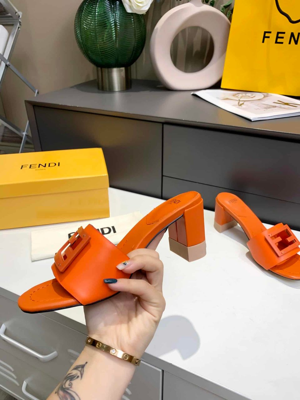 Fendi Signature Leather High Heel Orange view 3