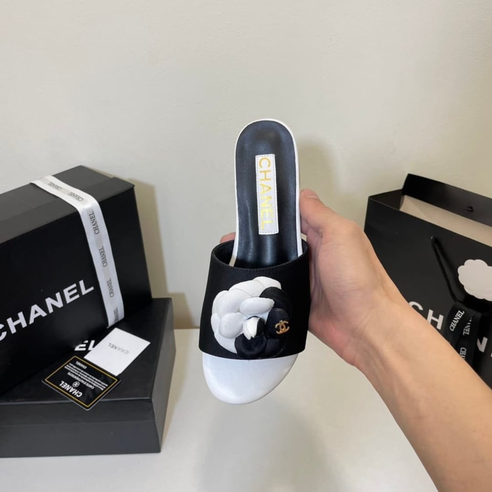 Chanel Camellia Slides Black White view 6