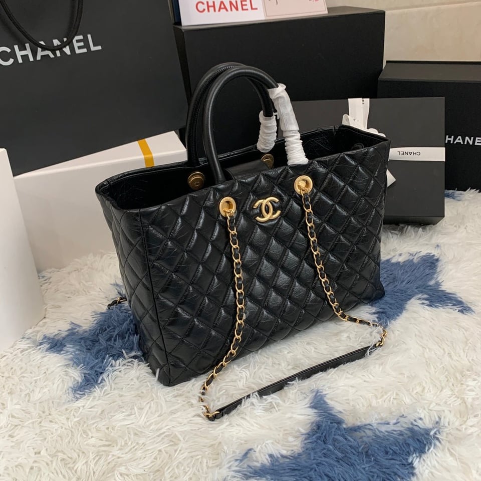 Chanel Shopping Bag 38Cm Black Quilted Aged Calfskin Ghw view 7