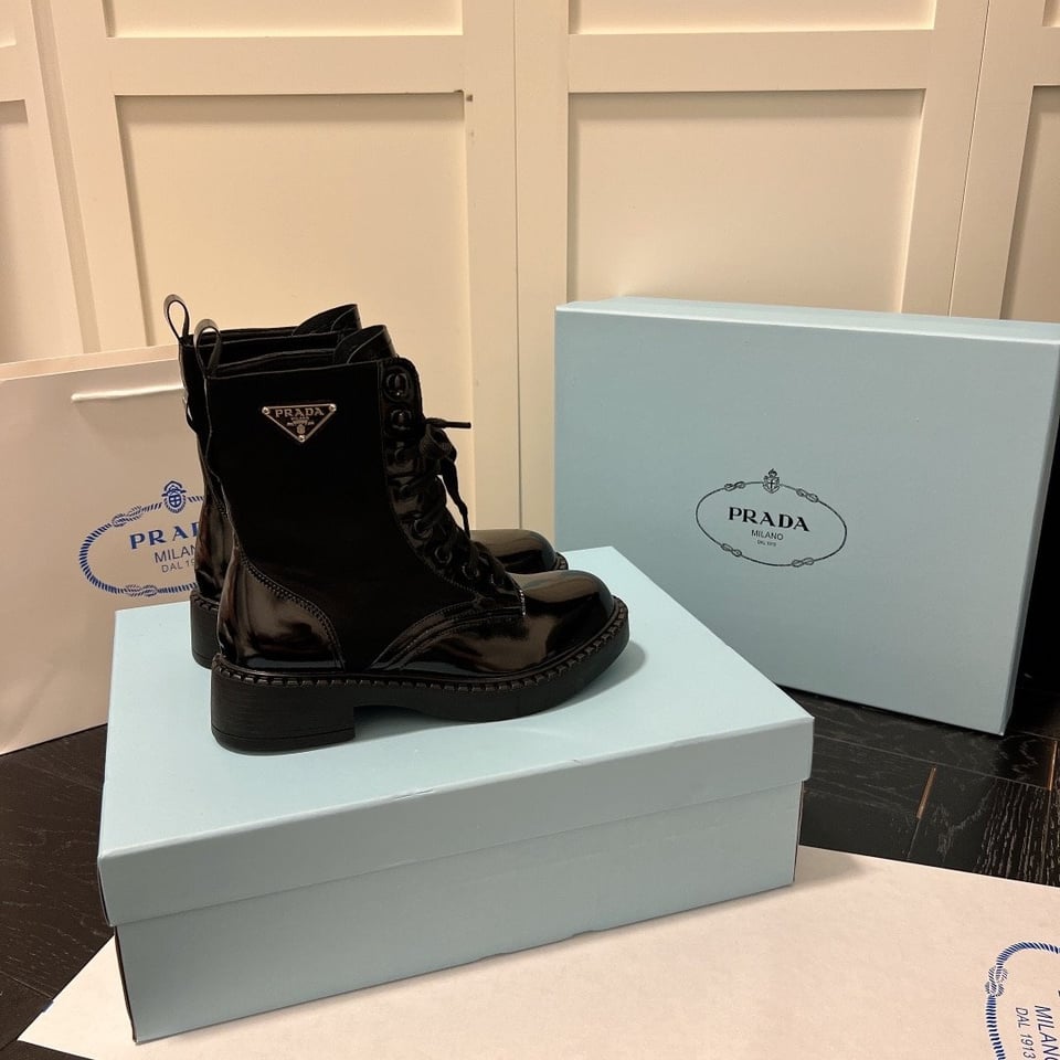 Prada Brushed-Leather And Re-Nylon Boots Shiny Black view 6