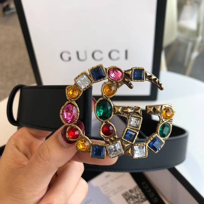 Gucci 40mm Leather Belt With Crystal Double G Buckle 513183 view 6