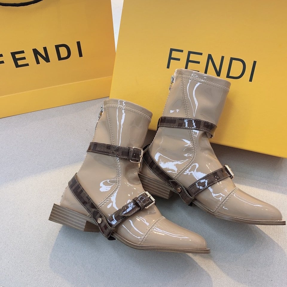 Fendi Buckle Patent Neoprenefendi Short Flat Boots Brown view 5