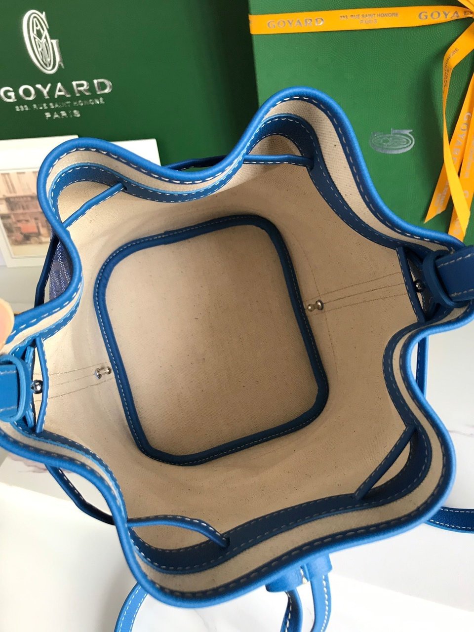 Goyard Petit Flot Bucket Bag 22 Cm Sapphire Blue Goyardine Canvas And Lambskin Trim view 4