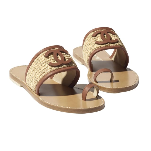 Chanel Raffia &amp; Calfskin CC Toe Ring Flat Sandals Raffia G38883